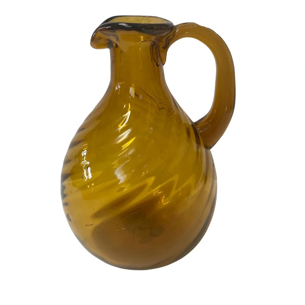 Small Vintage Handblown Swirl Amber Glass Jug Vase applied handle bubbles 4.5